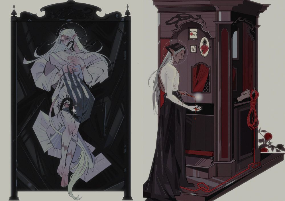 two illustrations depicting two male elves in various scenes. 