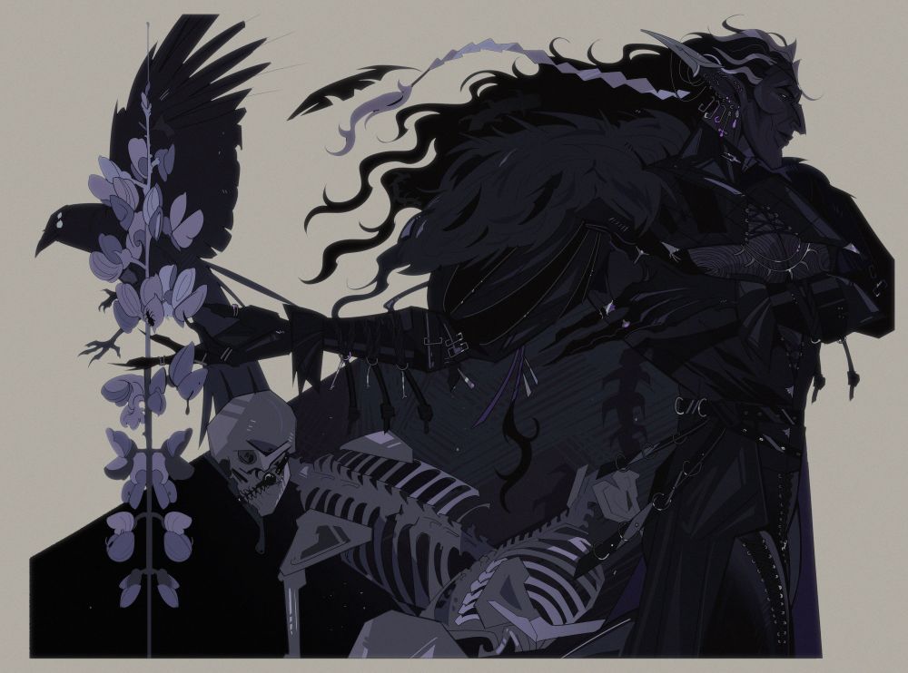 verrot, a dark-skinned elf, is posed on a sickly pale background. he gestures, as if dancing. from his hands, a tall sprig of lupine grows. he is flanked by tumbling skeletons in erotic positions. his corvid familiar, obelisk, flies in the left side of the composition. 