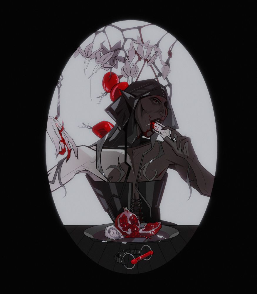 an elven man sits at a table. he bites into a pale doll in the shape of a naked man. his hand is suspended by a meat hook. the plate before him boasts an open pomegranate and a halved oyster. nightshade hangs in the background. the overall tone is insatiable, erotic hunger. 