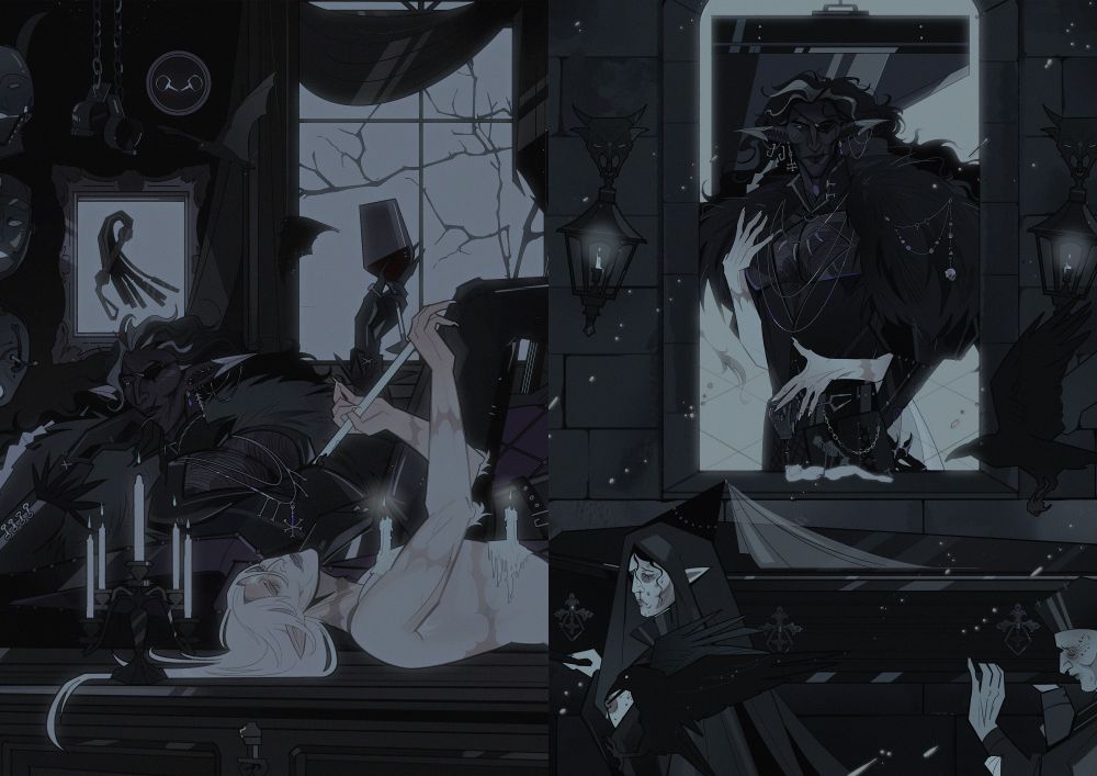 two illustrations depicting dark settings in which morbid scenes unfold. 