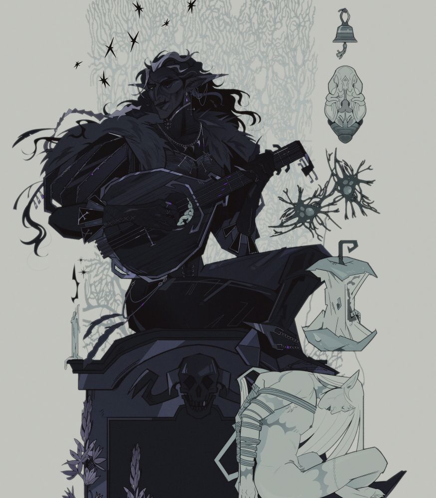 verrot sits on a blackened headstone, holding a lute. he is flanked by ghostly images ; a ringing bell, a bark beetle pupa, neuron transmitters, a rotten apple, and a silhouette of his lover bound. 