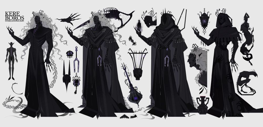 a reference sheet showing off kereboros, the physical manifestation of death. 
