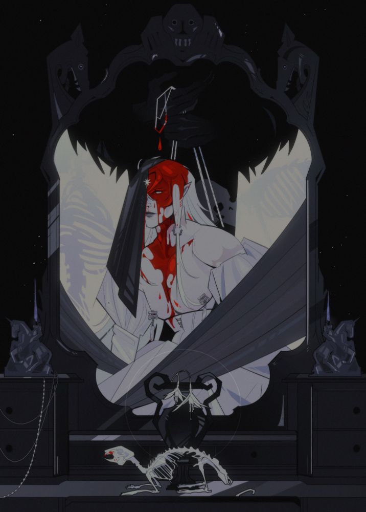ichnaea, an albino elven man, sits before a vanity. he wears a white gown with a corseted midsection. his exposed chest bears two nipple clamps. behind him, a figure in black with black hands pulls at his corset strings. ichnaea is soaked in blood. half of his face is obscured with a black veil. the center of the vanity bears a black urn and rabbit skeleton atop it. 