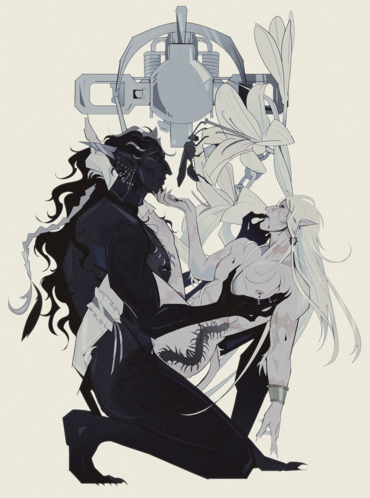 ichnaea, an albino male elf, rides verrot while the larger elf plunges deep in kind. the shadow of a centipede emulates a buried cock. around the elves, a steel trap, white lilies, and a black wasp loom. ichnaea holds a white tooth, soaked in black. similar black trickles from his mouth, a bite mark on his chest, and his nipple. 