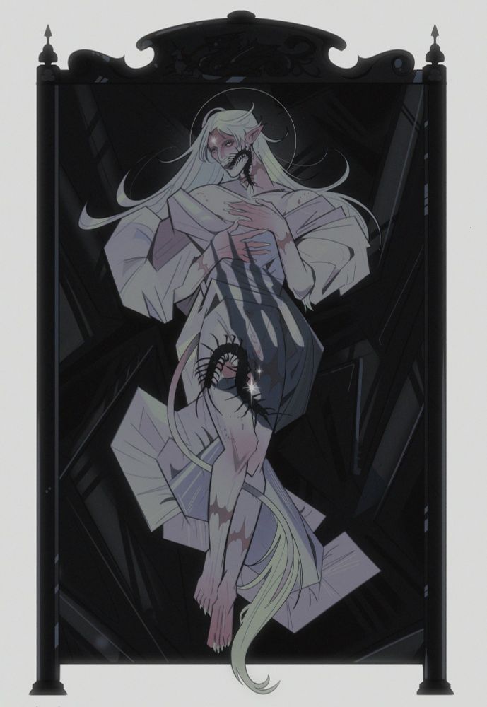 ichnaea, a pale elf, laid atop a pile of black sheets. his night gown is slipping up and off his sweaty flesh. a centipede caresses his groin, another enters his mouth. the silhouette of a clawed hand lays across him, joining him in the ecstasy of death. 