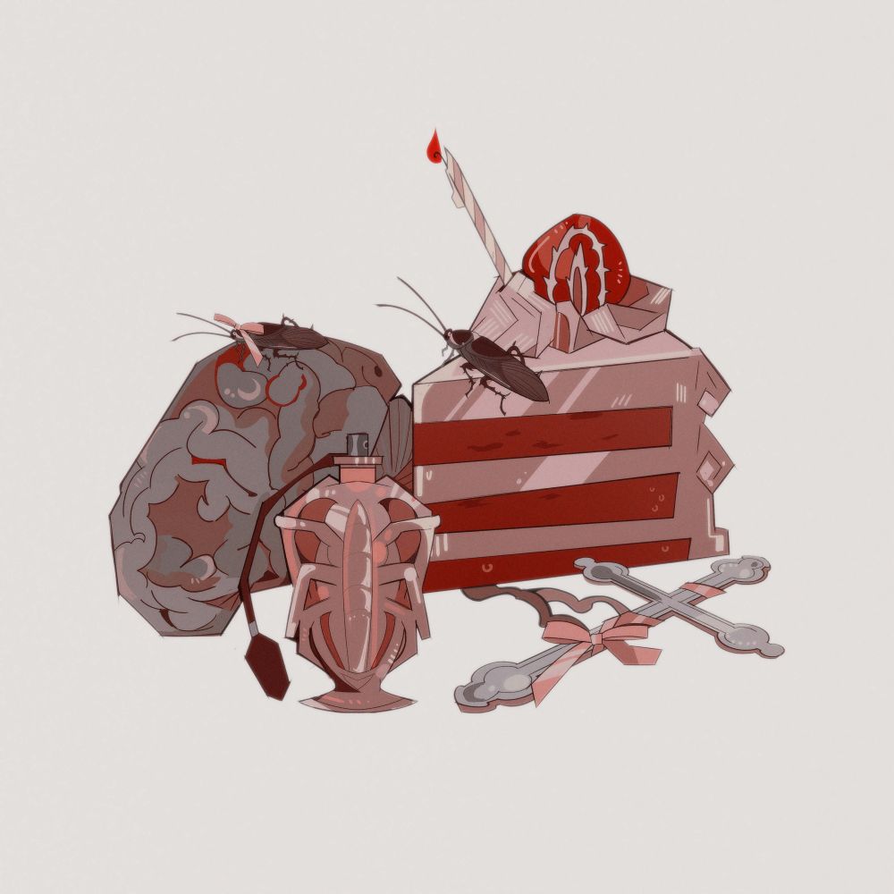 a still-life scene in varying shades of pink and red. a birthday cake, brain, cockroach perfume bottle, and silver cross sit in the center of a white background. two live cockroaches crawl over the brain and cake. one even wears a pink bow! 