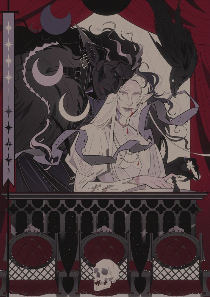 verrot and ichnaea sit on a balcony, flanked by a crow, a banner, and a set of moon. they are each holding queen chess pieces. 