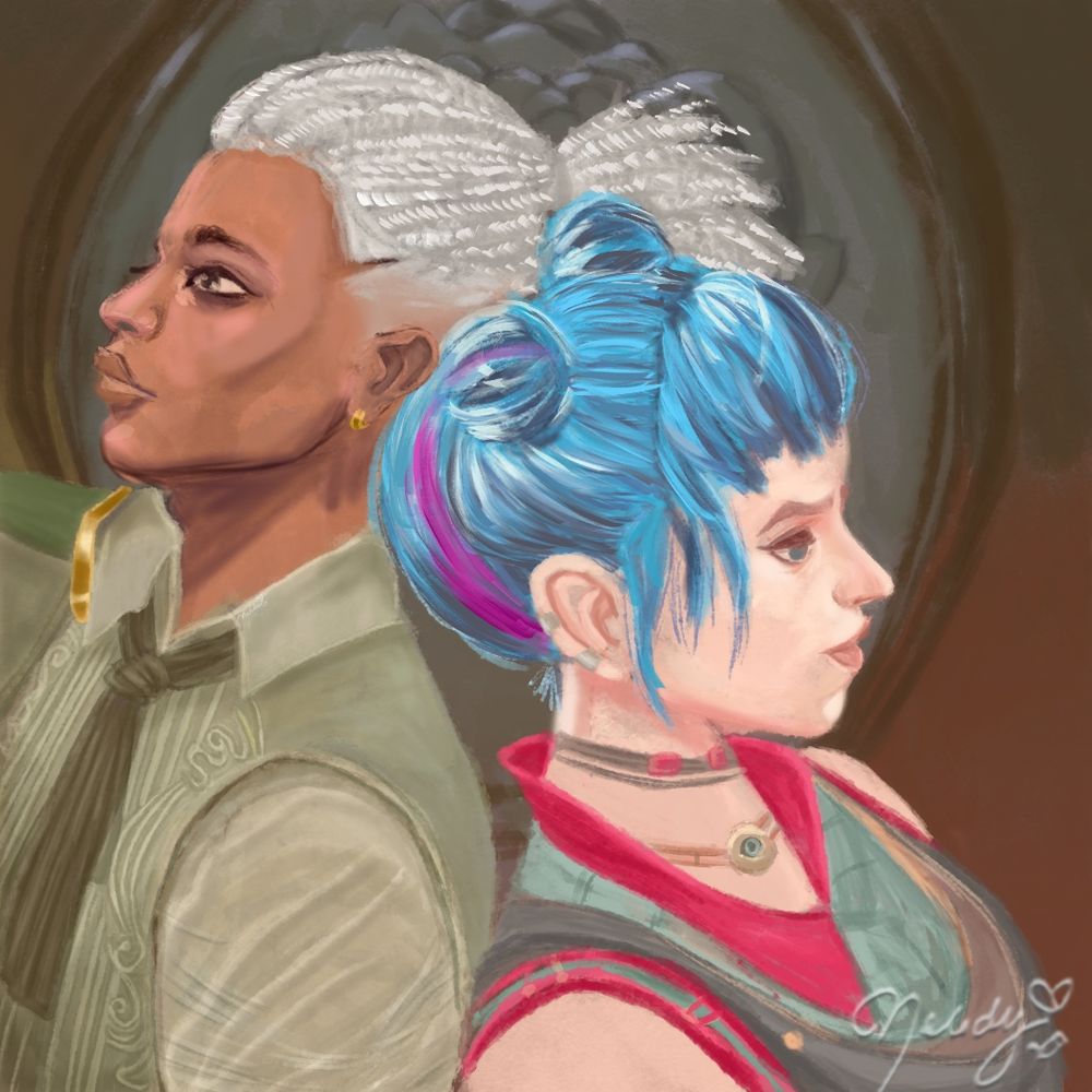 A drawing of Ekko and Jinx from the animated series Arcane. The characters sit back to back, featuring their flower pendant blurred in the background. 