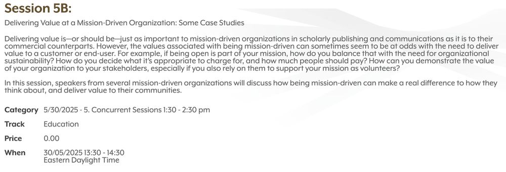 screenshot of session description for SSP conference session on Delivering Value at a Mission-Driven Organization