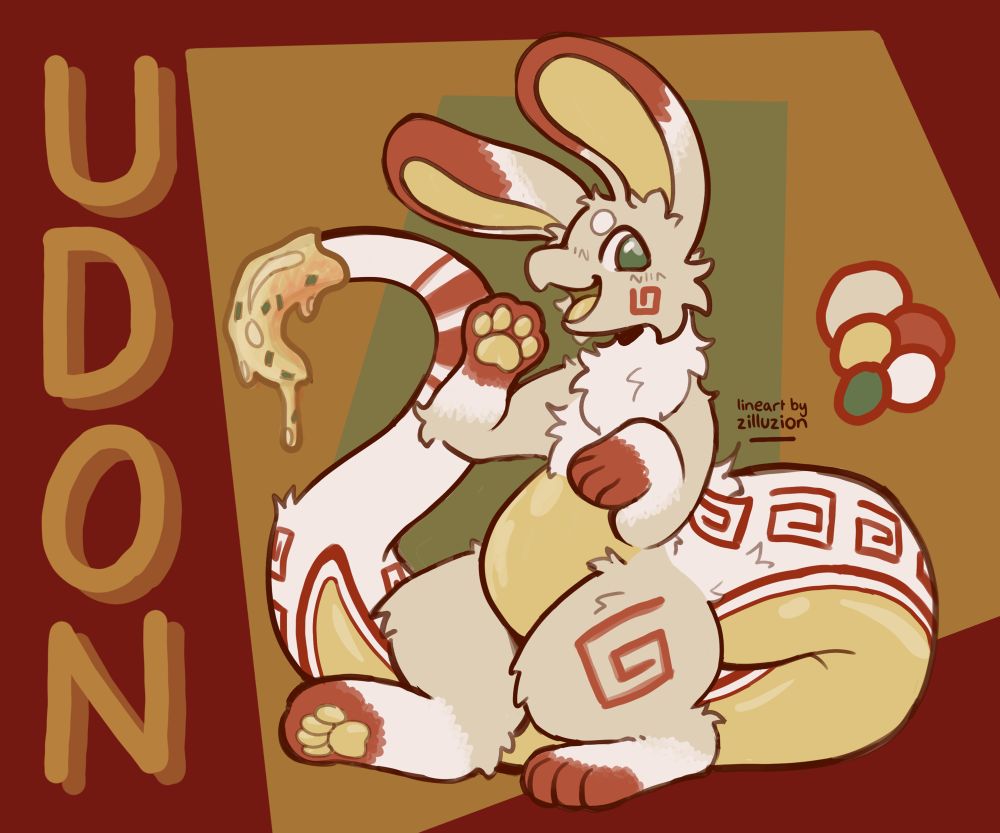 A squishy noodly creature based off a ramen bowl.
"UDON" is spelled out in big capital letters running down the left side of the image.
The text above the tail reads "lineart by zilluzion"