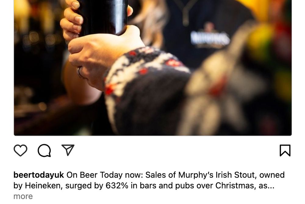 A picture of a pint of Murphy's, posted by Beer Today on instagram, accompanying a story about how popular Murphy's is becoming in the UK because we all love nitro stout now. 