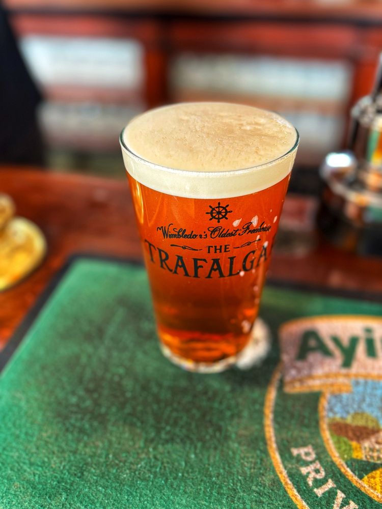 A perfect pint of Surrey Hill's Shere Drop at the Trafalgar Ale House in Wimbledon. It has a beautiful thick collar of foam - and because a sparkler wasn't used, it tastes good all the way down