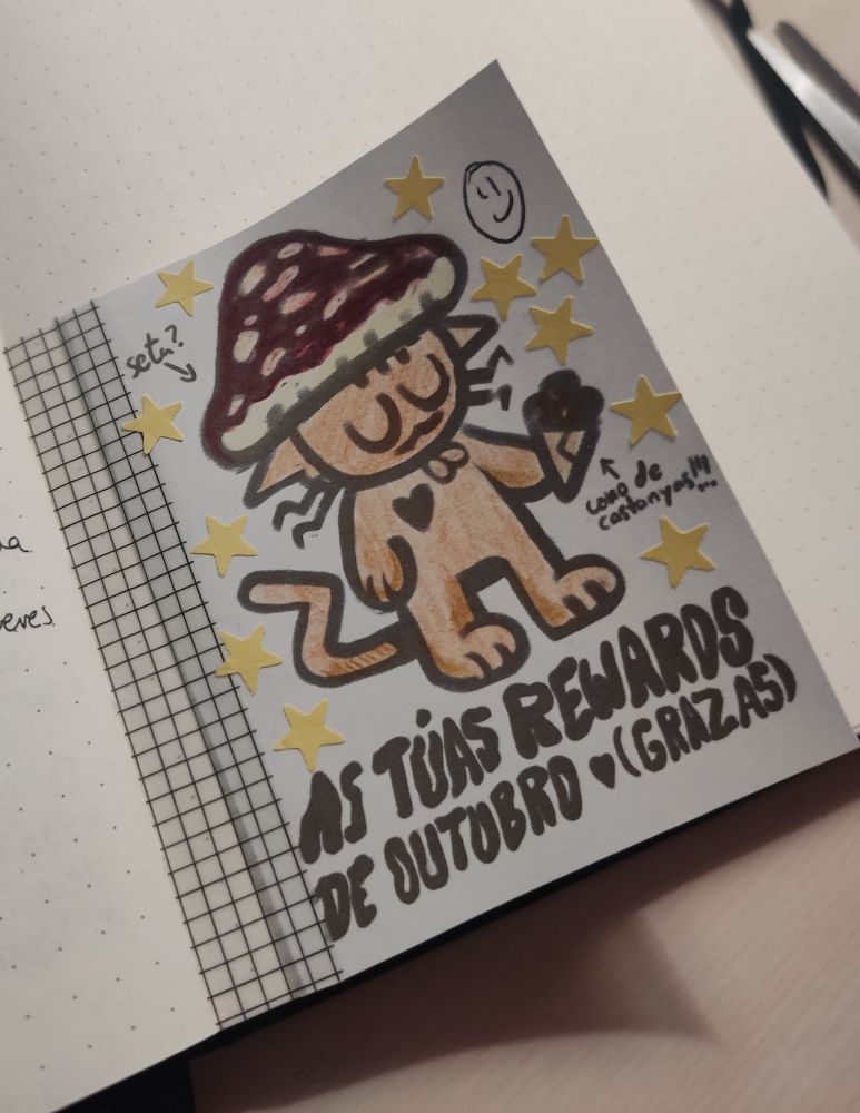 Un dibujo de un gato con un gorro de seta y un cono de castañas y el texto "as túas rewards de outubro (grazas)" de la carta mensual de praxis studio :))