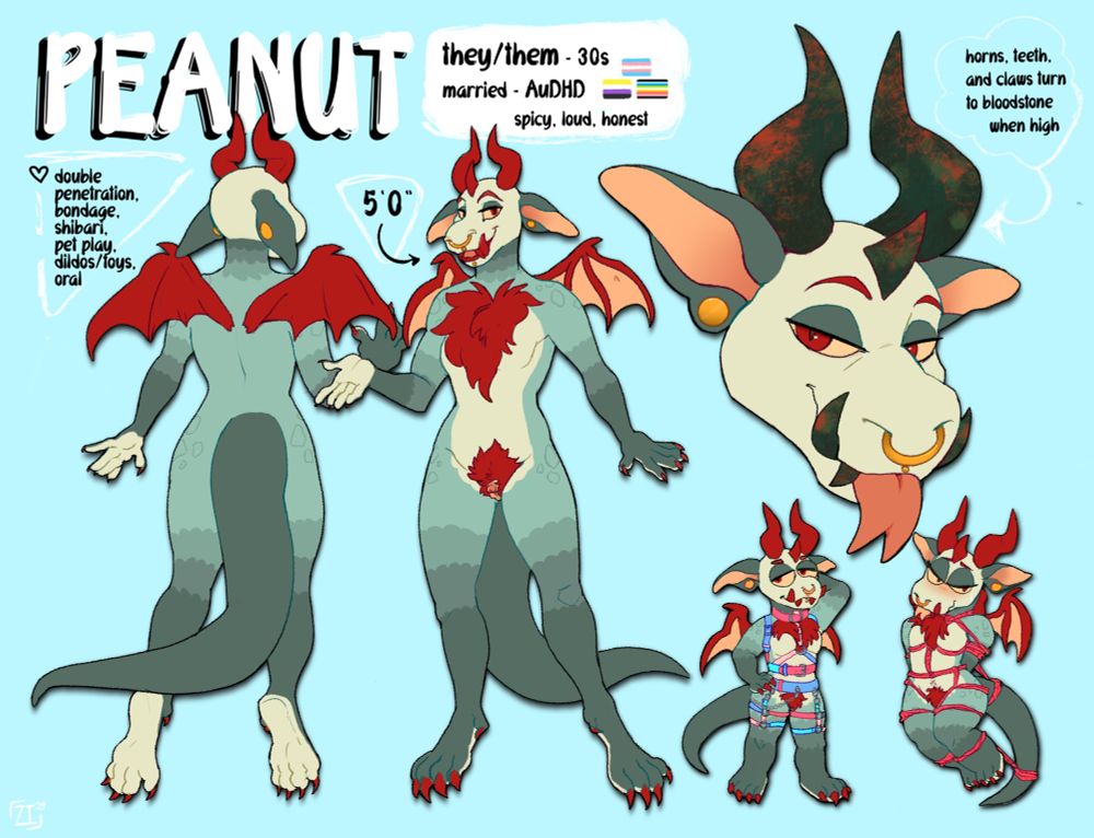 nsfw ref sheet of a green and yellow dragon/kobold with red fur accents, horns, and wings
