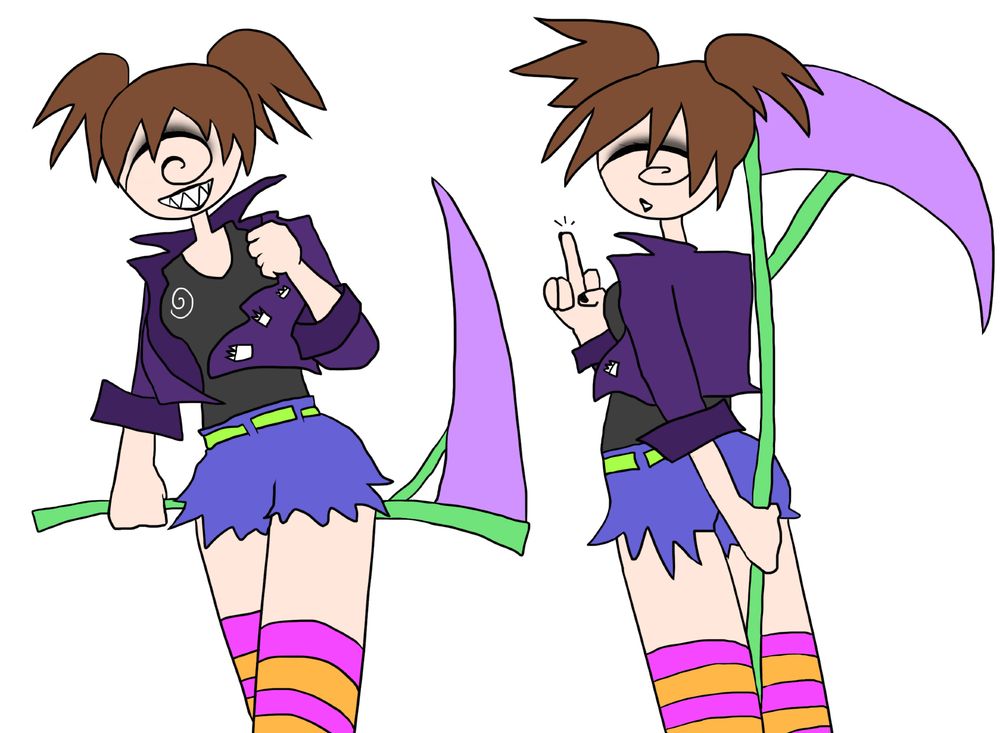 dev (spiral-faced, light-skinned, brown-haired sharp-teeth woman) holding scythe, two poses, one, undoing her jacket from the front, two, holding her scythe behind her back and giving the finger. she has twintails and a more gothy outfit and makeup on the spiral in this one