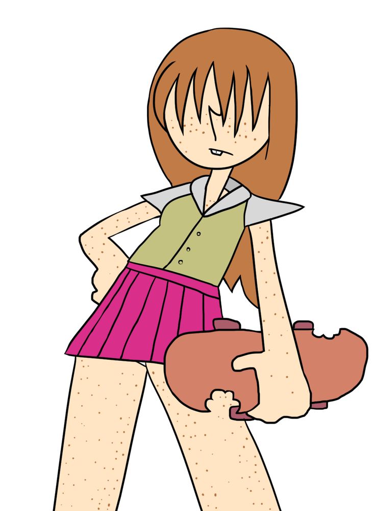 Flea (ginger haired freckled girl with eyes covered up) holding a skateboard with bites taken out of it