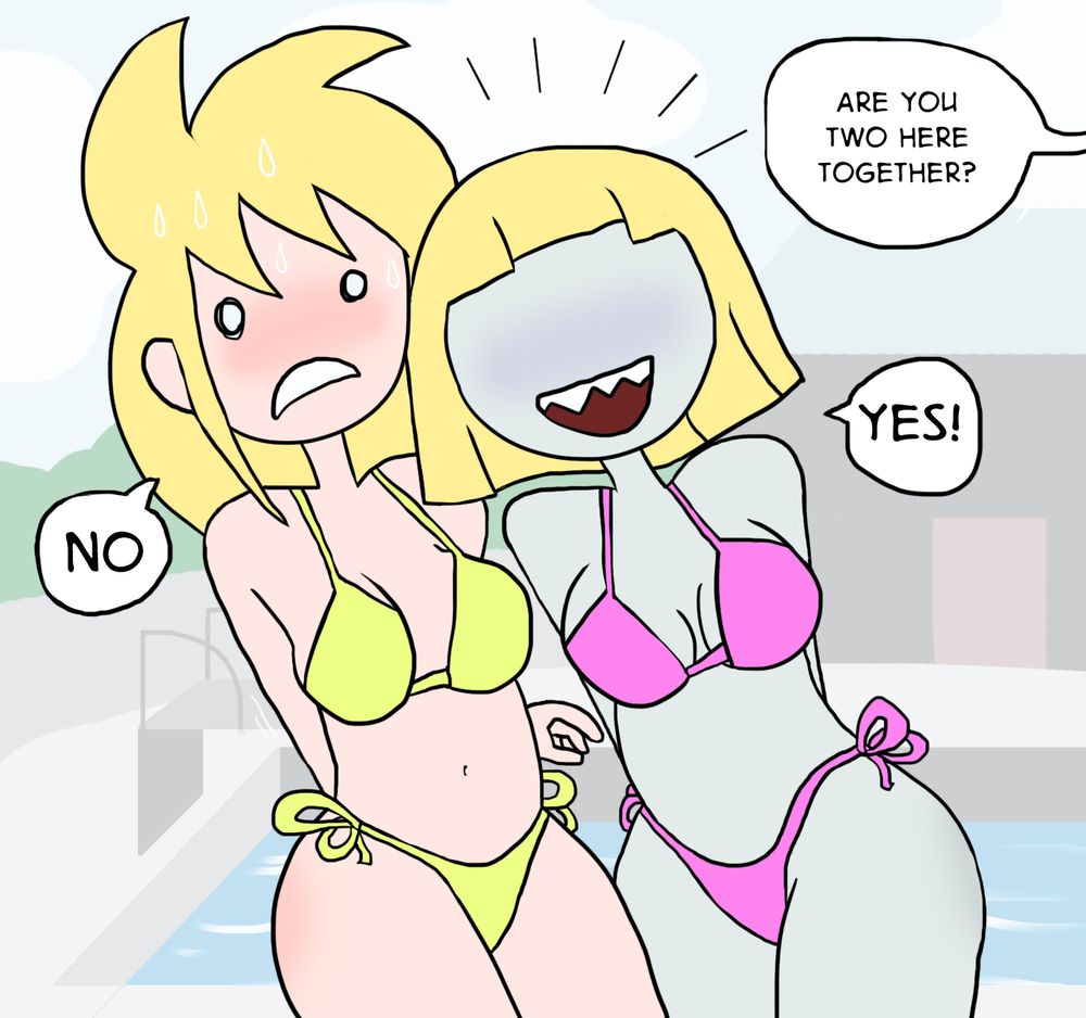 Vamp (grey cosmic horror cheerleader with blonde hair)  and Stacey (blonde white girl) both in bikinis at the pool. vamp leans in hard on stacey. offscreen voice asks "are you two here together?" Stacey: "NO" Vamp: "YES!"