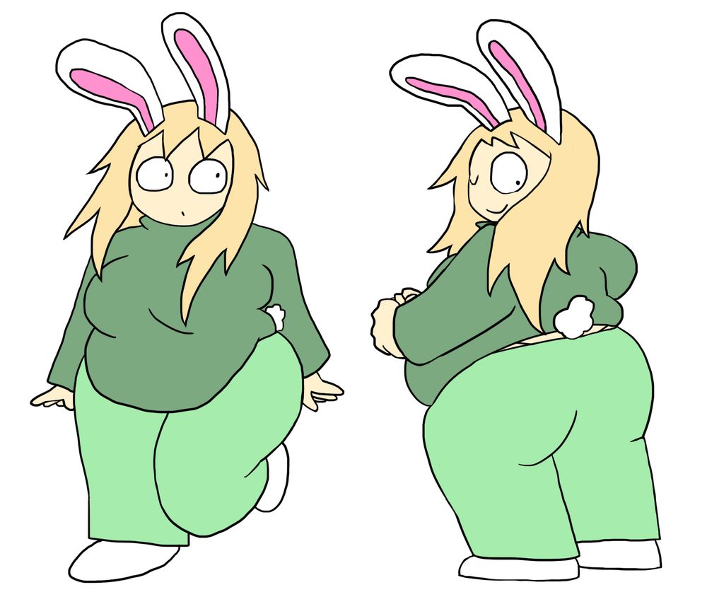 Erin (fat girl with bunny ears wearing all green) from front and back