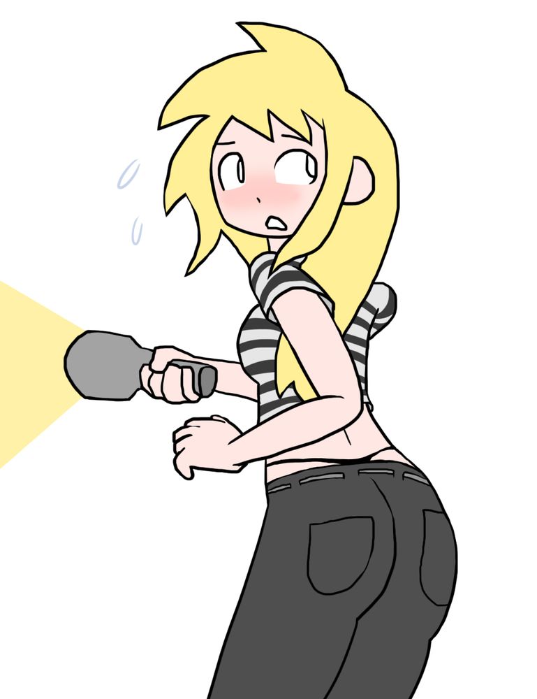 Stacey (blonde white girl in striped top and black pants and black thong) holding a torch and looking scared