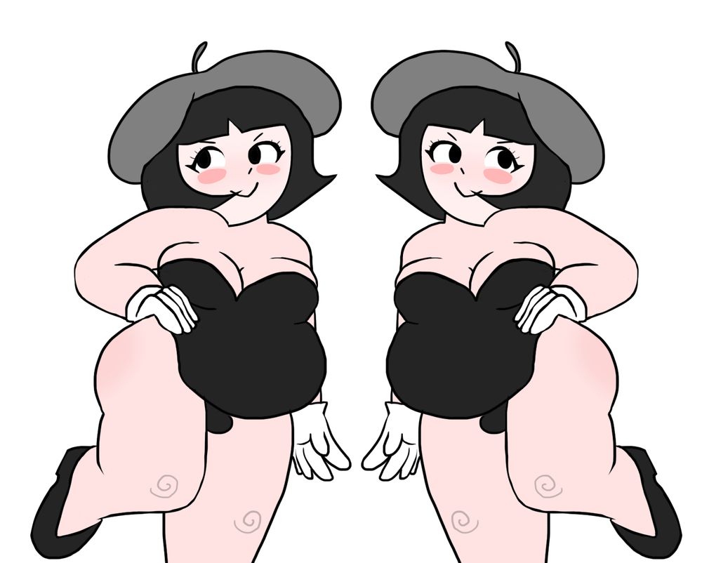 two identical short, fat mime ladies with berets + black leotards + white gloves. standing next to eachother, each raising a leg in mirror of eachother