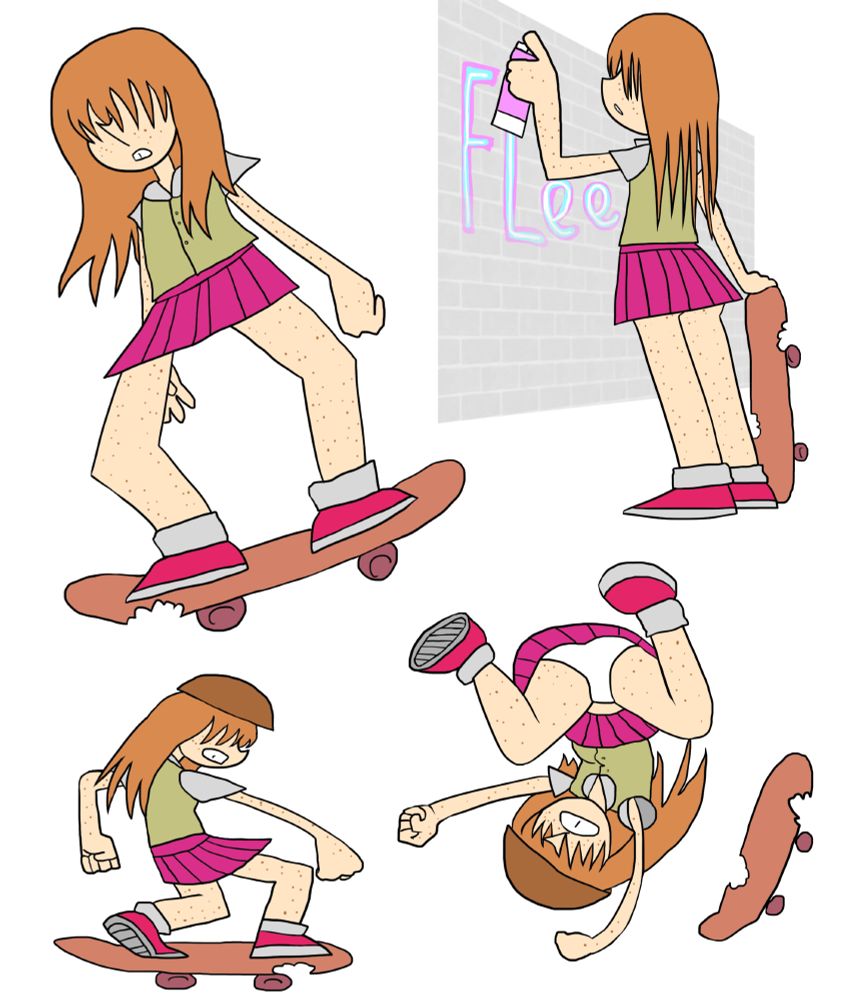 Flea in various poses
1. on her skateboard
2. graffiti'ing "flee" on a wall
3. skateboarding the other way
4. falling off