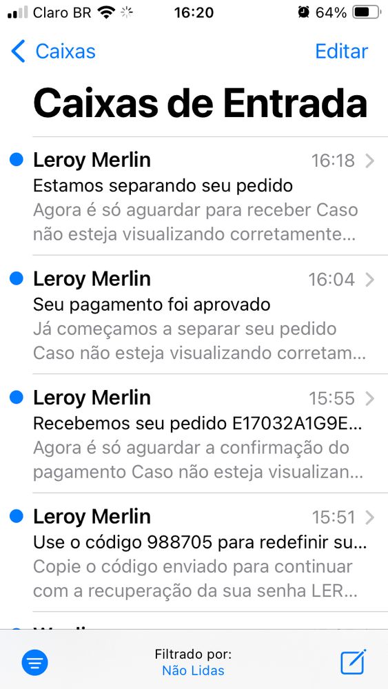 4 e-mails seguidos da Leroy Merlin, sendo um código, um ácido de recebimento do pedido, um de autorização de pagamento e o último sobre o pedido estar sendo separado.