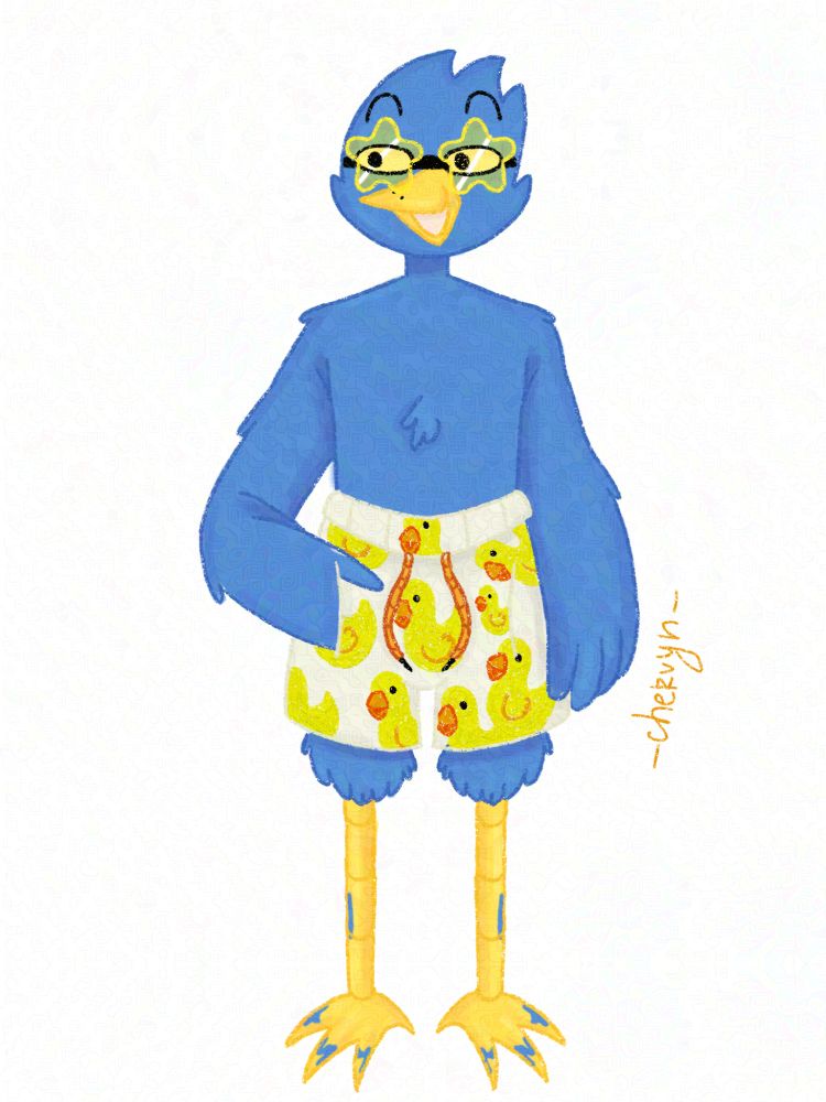 Berdly from Deltarune in sunglasses, stars and swimming trunks with ducklings 
