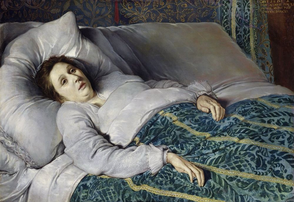Painting of a woman in bed having an existential crisis