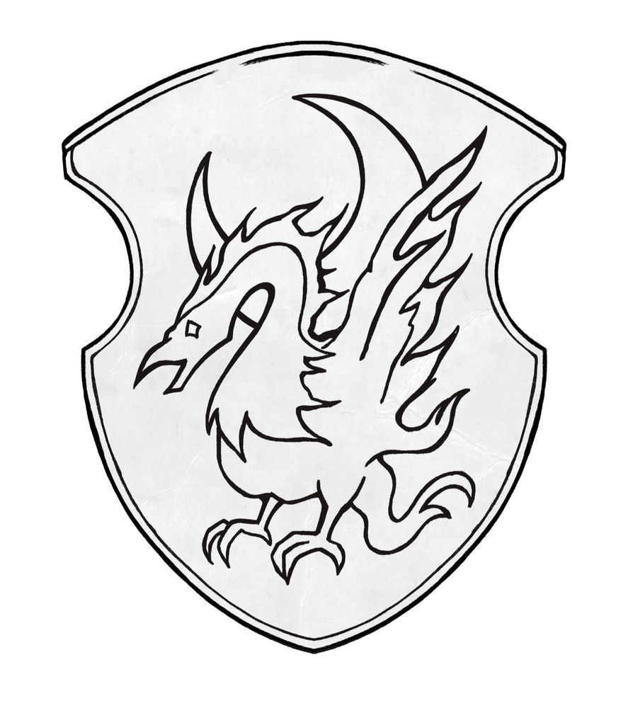 A coat of arms featuring a line drawing of a crescent moon and a phoenix