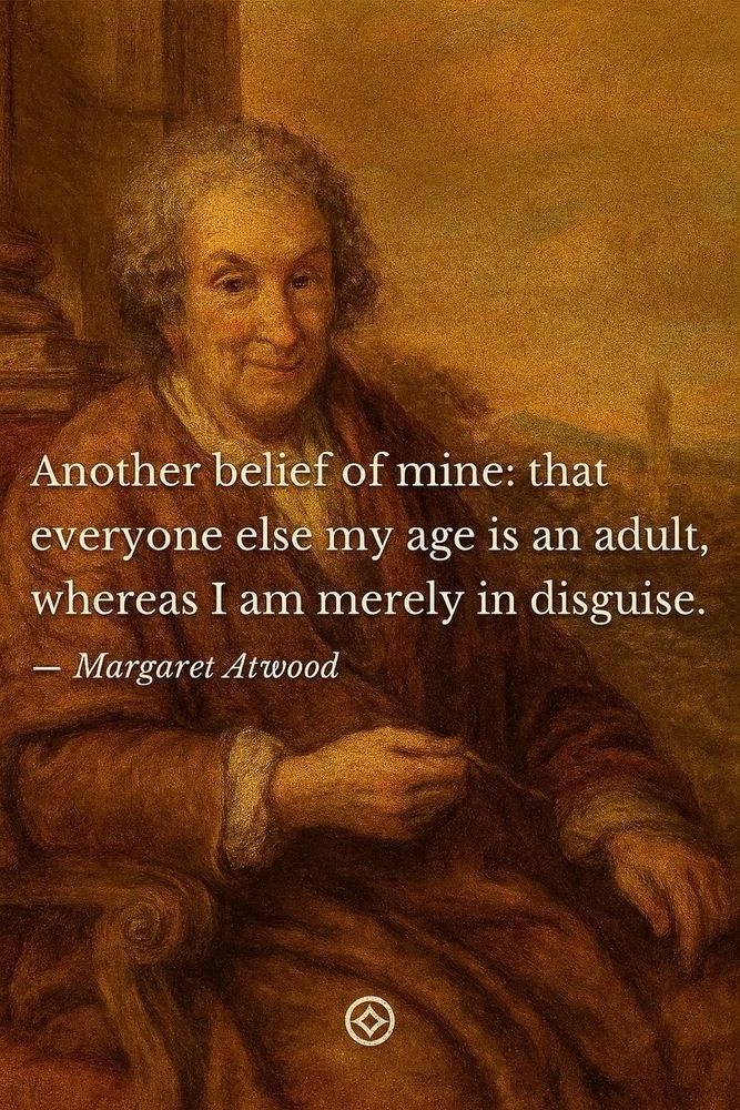 A portrait of Margaret Atwood with a quote from her in white over the top. Quote is "Another belief of mine: that everyone my age is an adult, whereas I am merely in disguise"