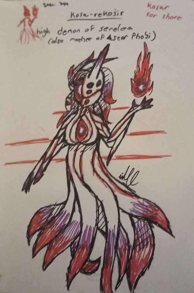 A pen drawing of Kosa-Rekoxir, a woman looking thing made of tentacles and a mask that opens up into 4 parts, each with many teeth under. 
Under the mask and in their "chest" are balls of energy, Rekoxi and Kosa respectively. 

There is text. 
Above the drawing:
"Kosa-Rekoxir
High demon of senelem
(also mother of Aster Phobi)" 
Top right in red:
"Kosar for short"