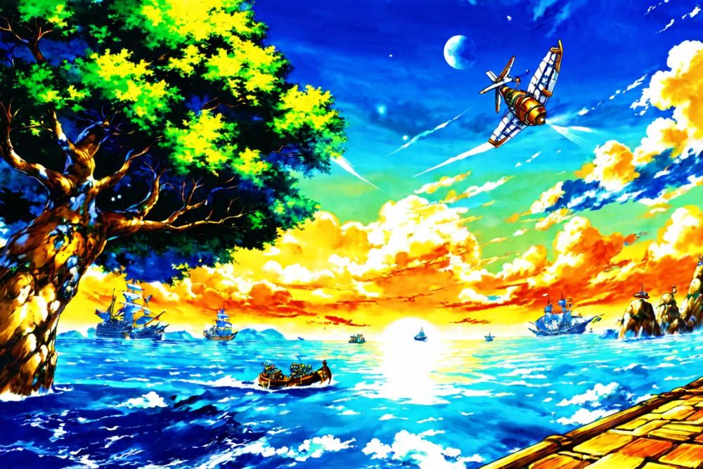 Prompt:  Game: Skies of Arcadia (2000), Tintoretto style, Skies of Arcadia, fictional skies, Arcadia, six civilizations, floating continents, six moons, game title HD, sharp focus, stunningly beautiful, manga style, vibrant, high-energy, detailed, iconic, Japanese comic style

Negative prompt: ugly, deformed, noisy, blurry, low contrast, realism, photorealistic, Western comic style, extra eyes, bad eyes, ugly eyes, imperfect eyes, deformed pupils, deformed iris, cross-eyed, poorly drawn face, bad face, fused face, ugly face, worst face, unrealistic skin texture, out of frame, poorly drawn hands, cloned face, double face, blurry, bad quality

Text model: llama3

Image model: PixelAhuskay