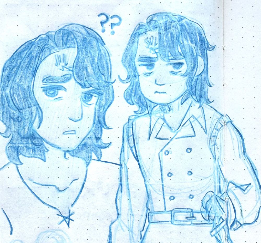 blue pencil sketches of kaladin (dark, shaggy shoulder-length hair, tan skin, scars on forehead) from "the stormlight archive"; left image he is wearing a simple shirt looking confused, right image he wears his kholin uniform looking grim