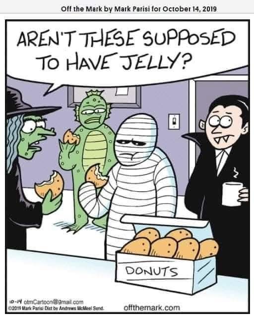 Halloween meme vampire sucks jelly out of doughnuts at monster party