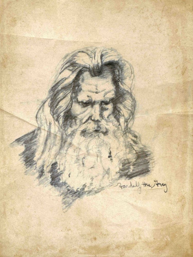 A hand drawn sketch of Gandalf the Grey, an old bearded man with long white hair. The portrait is from the shoulders up and has Gandalf looking down to the left, somber