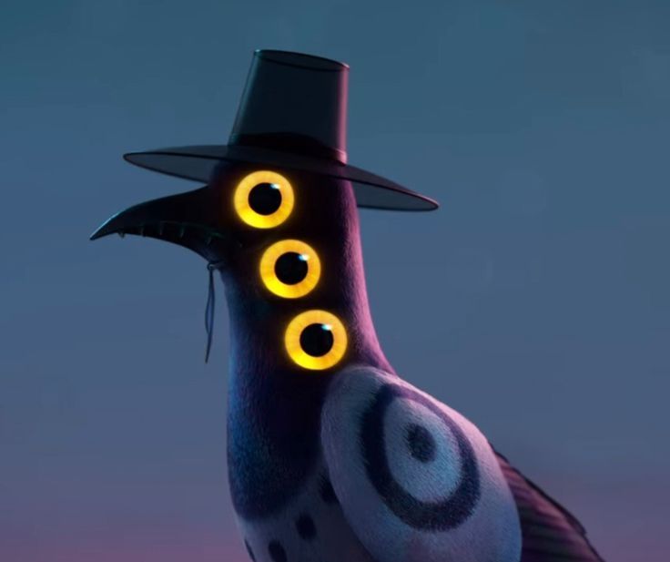 the bird thingy from kpop demon hunters. it's a funky magpie looking thing with swirly patterns on it, three huge yellow eyes in each side of his head, teeth, and a gat hat on his head