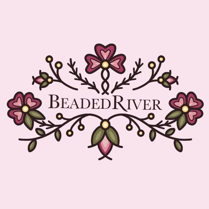 A logo design that reads "BeadedRiver" accented with metis floral and leaves. On a white background 
