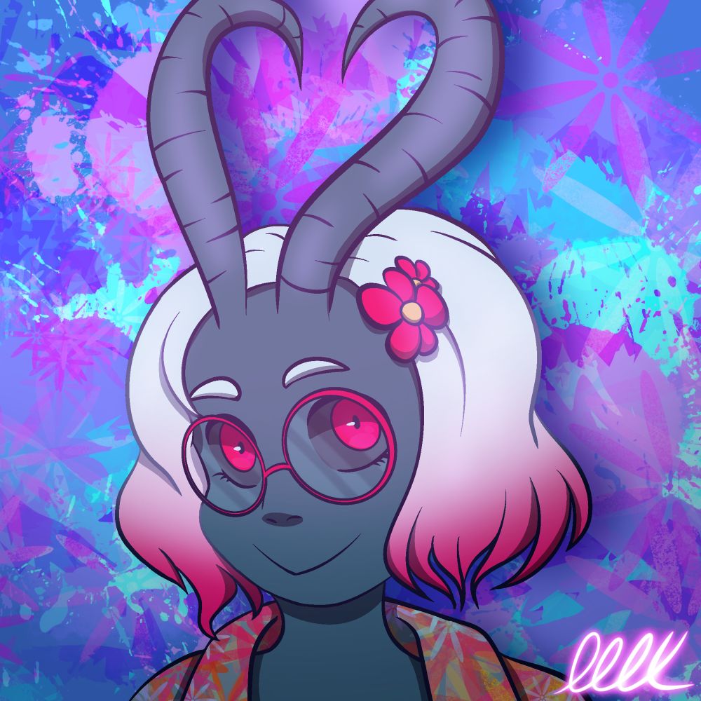 My 22nd attack and 18th revenge, Gatchayam’s DND OC Karma is looking at the camera with vibrant floral patterns behind them