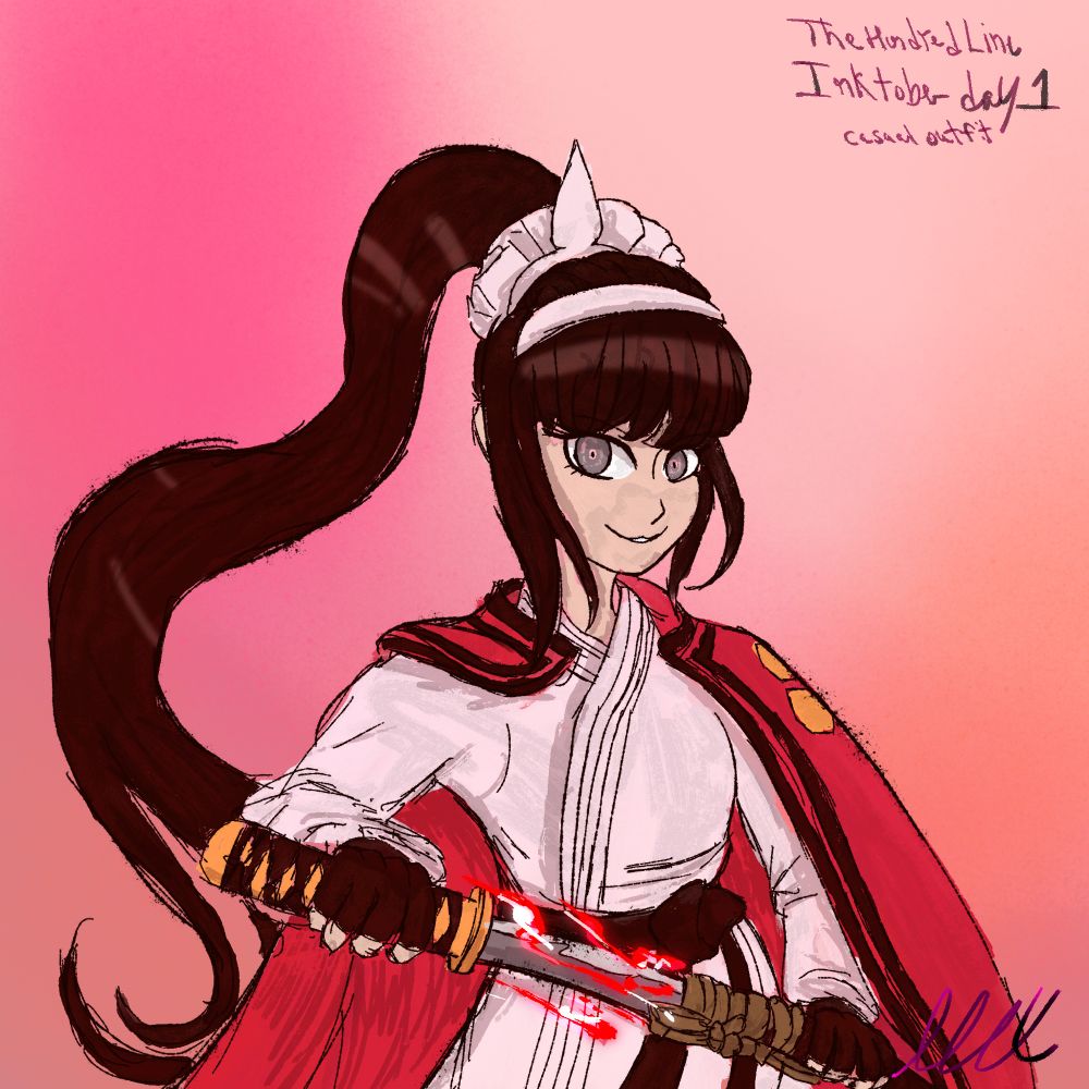 Day 1: Casual Outfit. If I don’t have a plan for the prompt, I’ll just spin a wheel and go from there. Started with Kyoshika and the Holy Jumonji Sword, with a pink and orange background.
