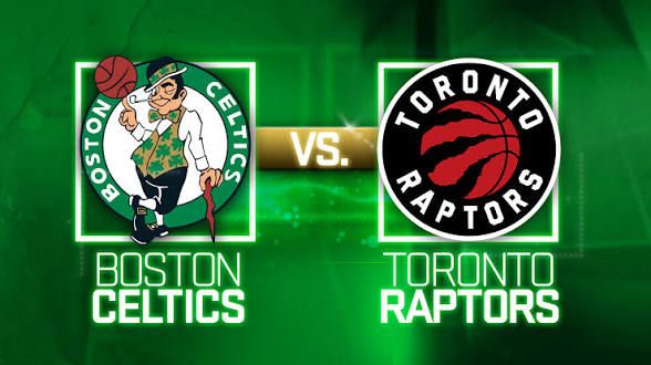 The logos for the NBA teams the Boston Celtics and Toronto Raptors. 