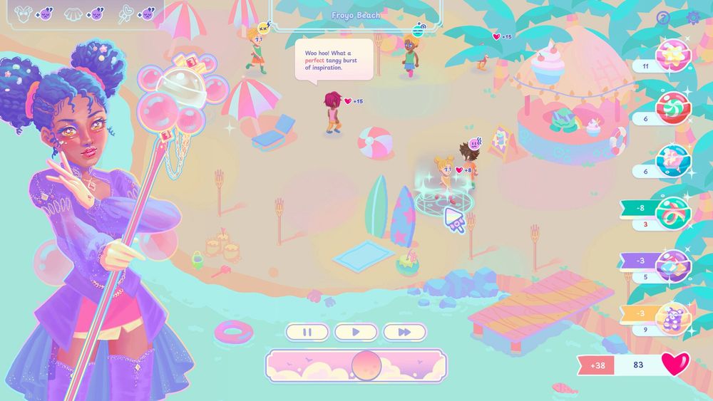 A screenshot from Pretty Sweet! Healing Guardian showing the management sim gameplay. A pastel beach is full of wondering citizens with dialogue boxes showing their stressors and problems. The menu on the right shows your inventory of candy shaped magic items used to help solve citizens problems. On the left if a magical girl adorned in purple lace with a bubbly scepter.