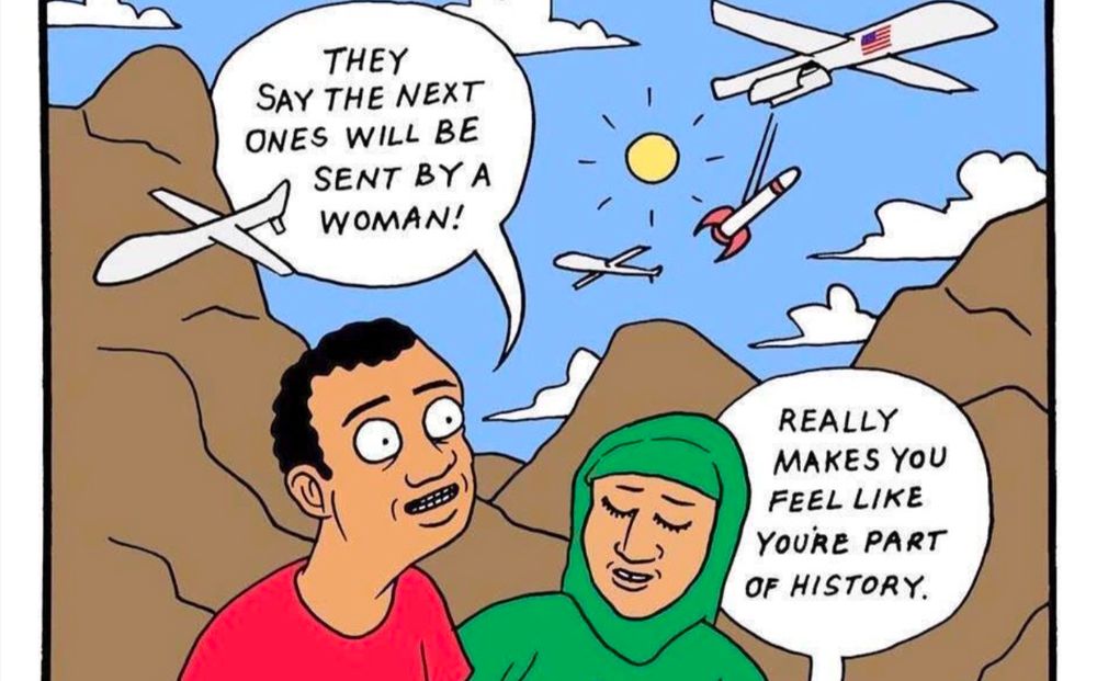 Man and woman having conversation while drones drop bombs
The man in the red shirt says, "They say the next ones will be sent by a woman!" His expression is one of slight surprise or interest.

The woman in the green hijab, with her eyes closed and a serene expression, responds, "Really makes you feel like you're part of history."

In the background, there's a bright yellow sun, a small airplane, a rocket, and a larger drone-like aircraft with a U.S. flag on its tail