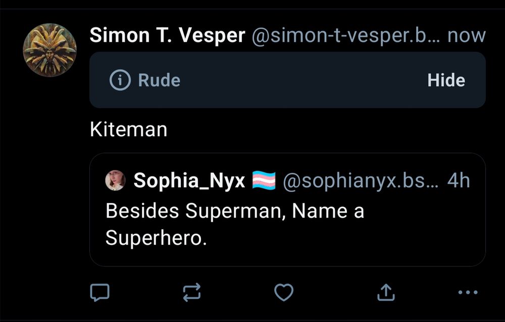 Screenshot of the Simon quoting Sophia, but Bluesky has labeled Simon's quote a rude (all out says is Kiteman)