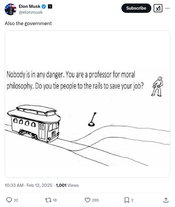 Musk's trolley problem analogy, while provocative, ignores the complexities of government.  Prioritizing job security over ethical action is a valid concern, but his simplistic framing overlooks nuanced policy decisions under pressure. #ethics #government #trolleyproblem