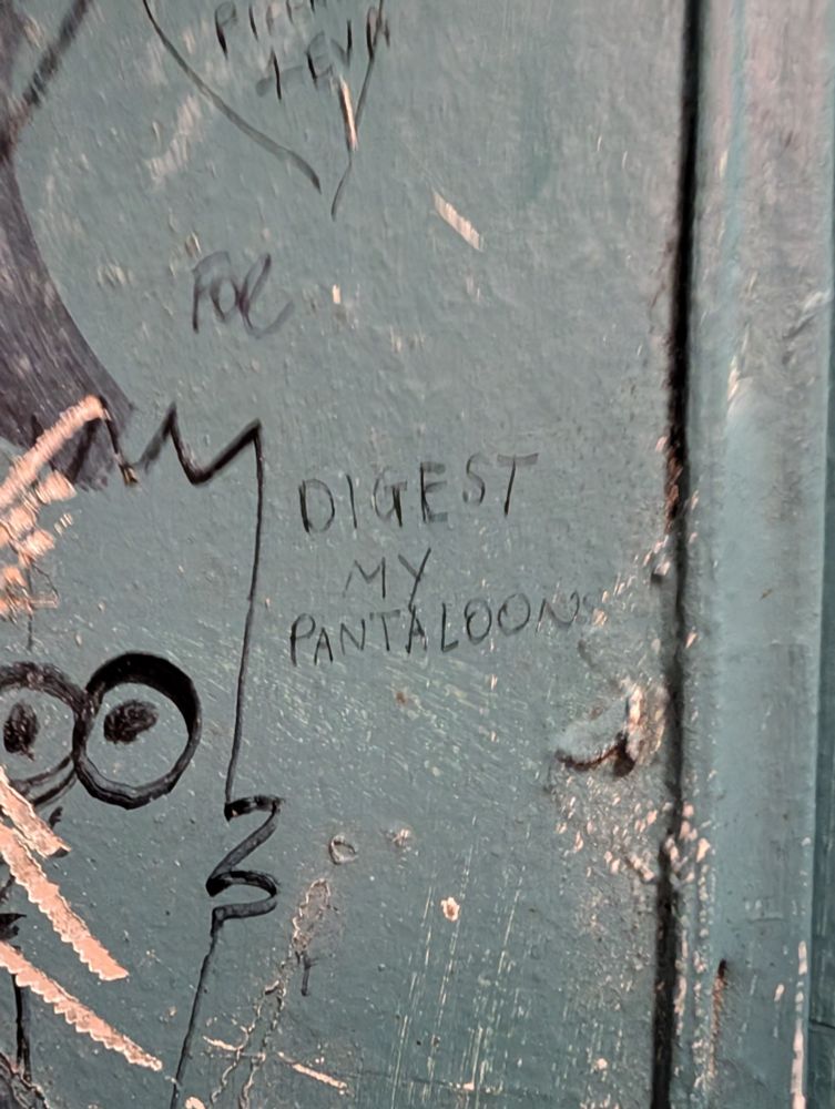 Graffiti picture of a poorly drawn Bart Simpson saying "digest my pantaloons"