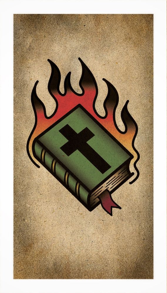 Drawing of a bible on fire. 
