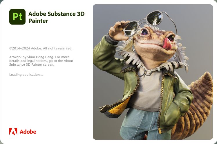 Substance 3D Painter's loading screen. It features an artwork artist by Shun Hong Ceng.