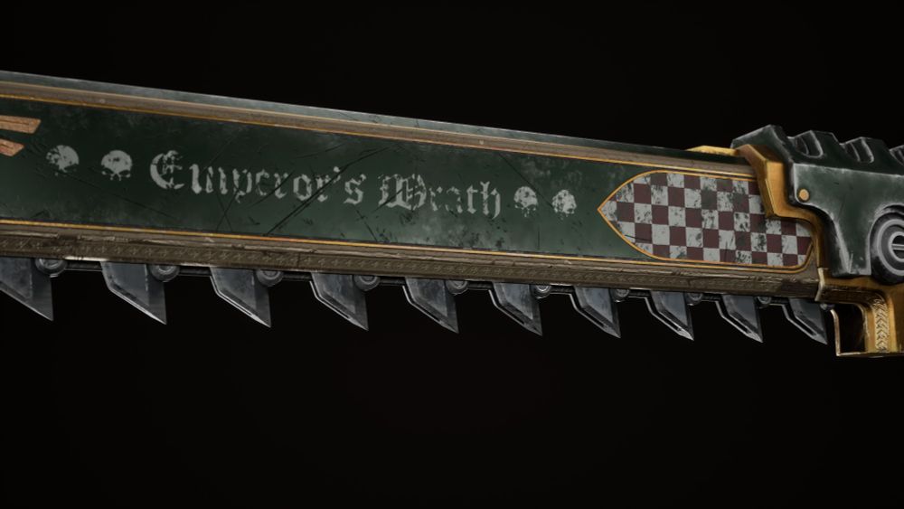 Close-up on the chainsword's blade. This side features the words "Emperor's wrath" on it.