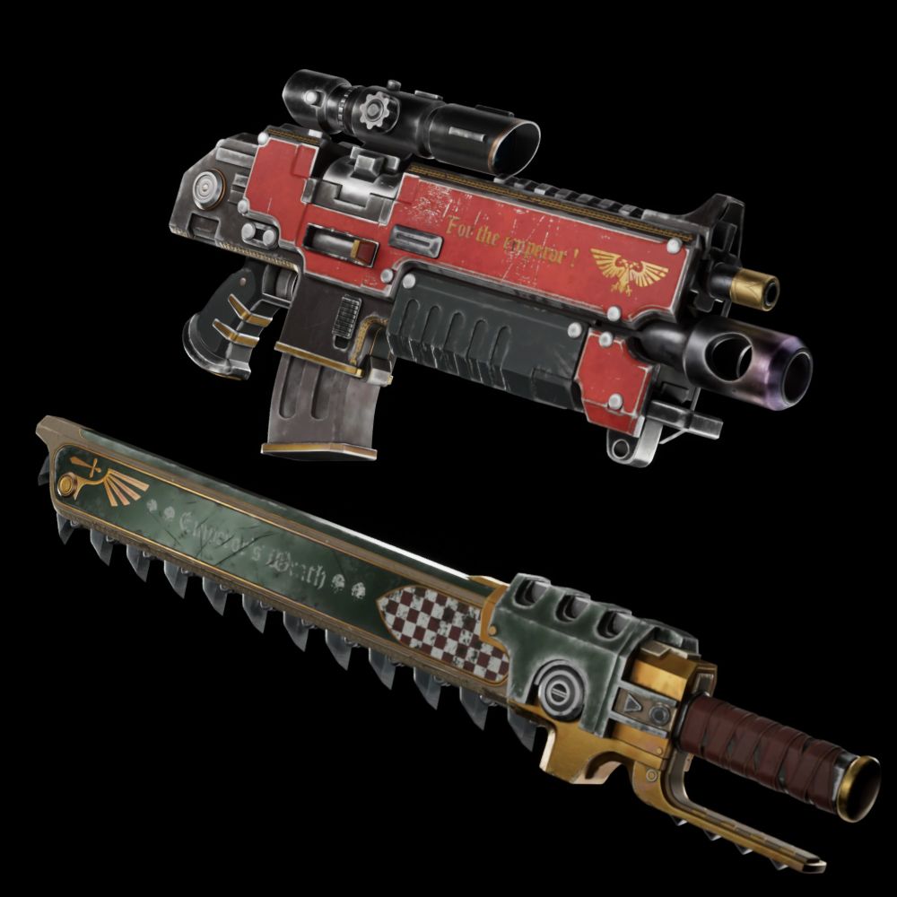 3D parallel view of an elite bolter rifle and a chainsword, painted with the dark angels color.