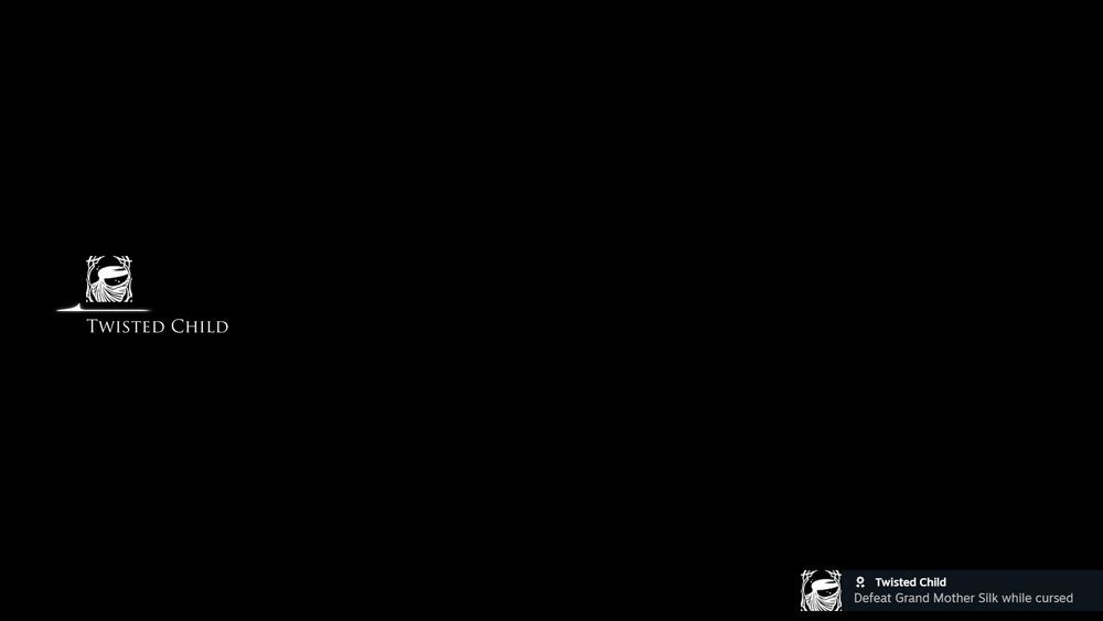 Black screen from Hollow Knight: Silksong with an icon labeled "TWISTED CHILD", accompanied by an achievement pop-up in the bottom-right corner of the same name with a desecription that reads "Defeat Grand Mother Silk while cursed."